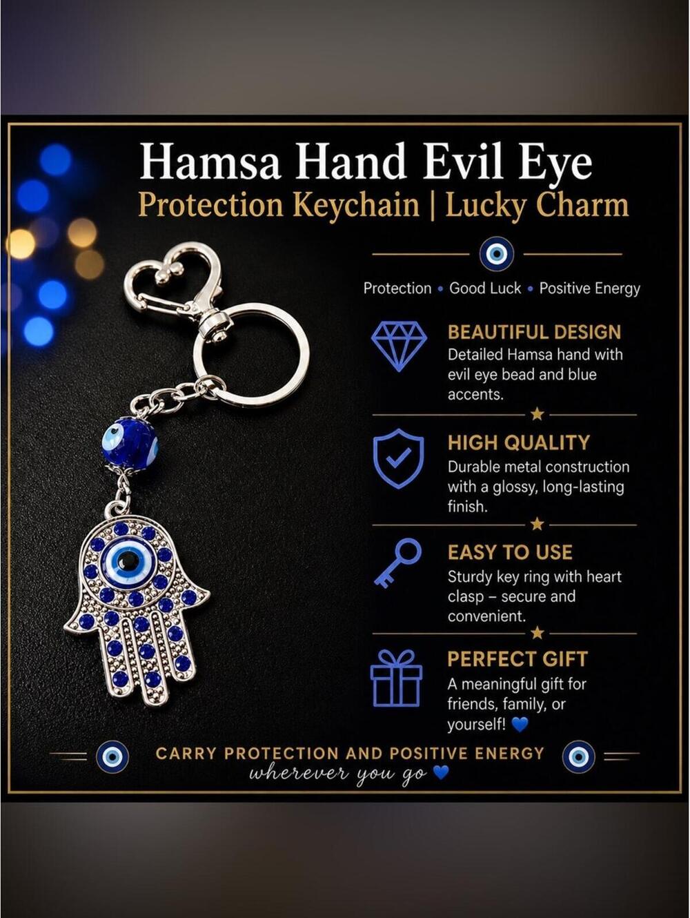 NWOT Hamsa Hand Evil Eye Protection Keychain | Lucky Charm